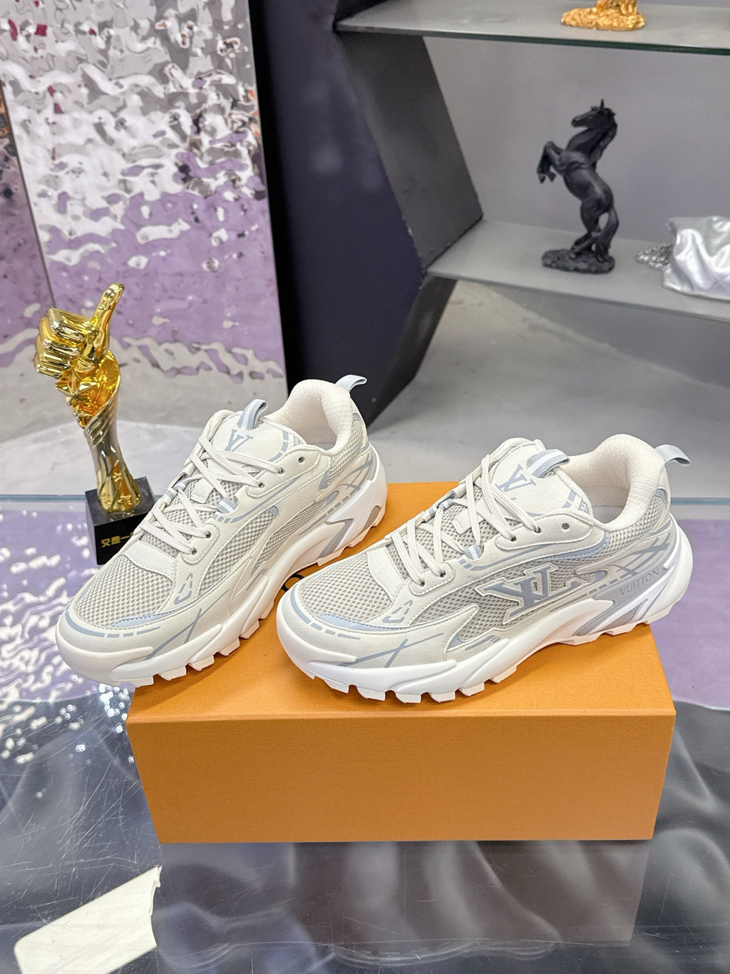White & Silver Chunky Mesh Sneakers