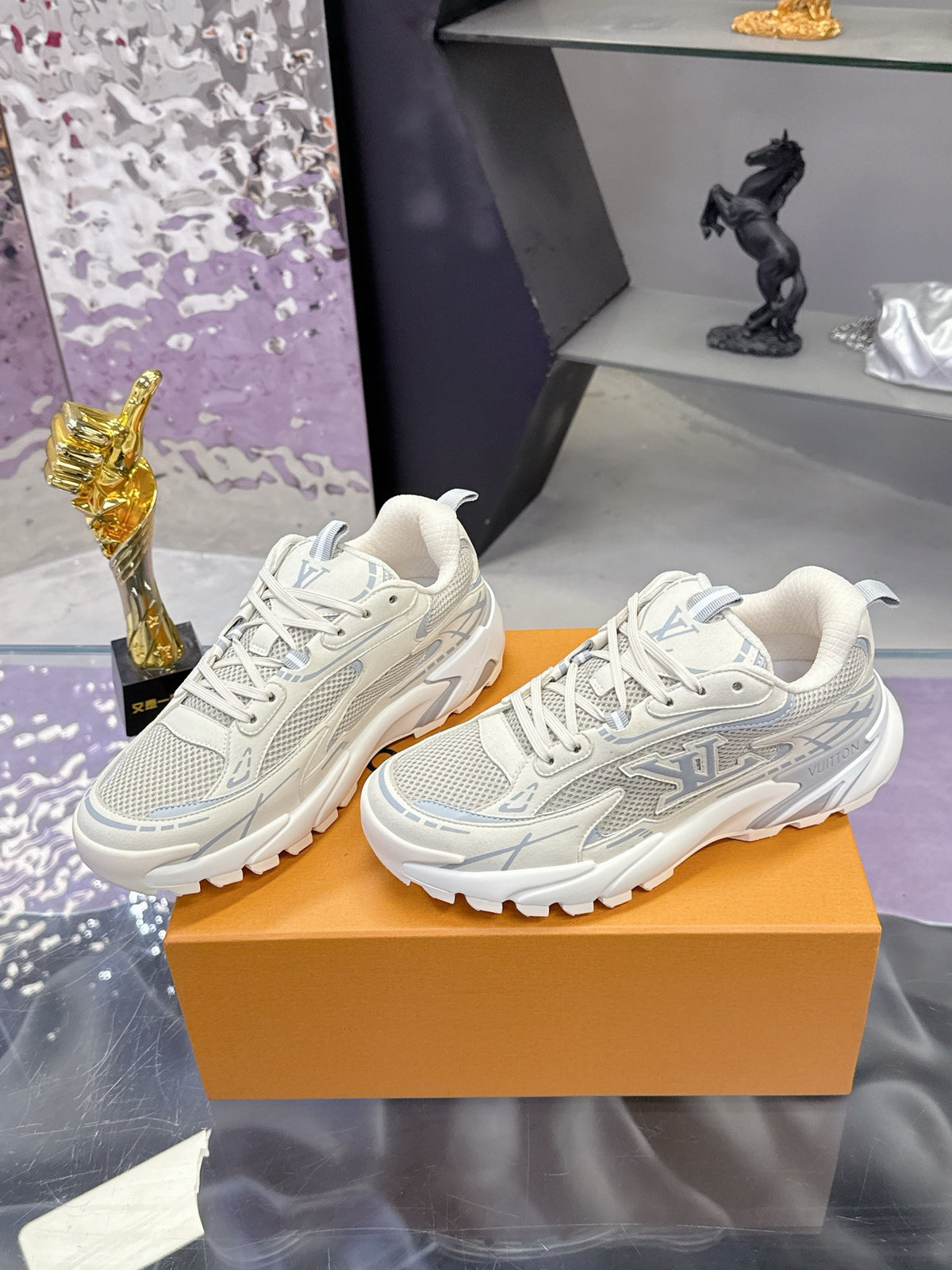 White & Silver Chunky Mesh Sneakers